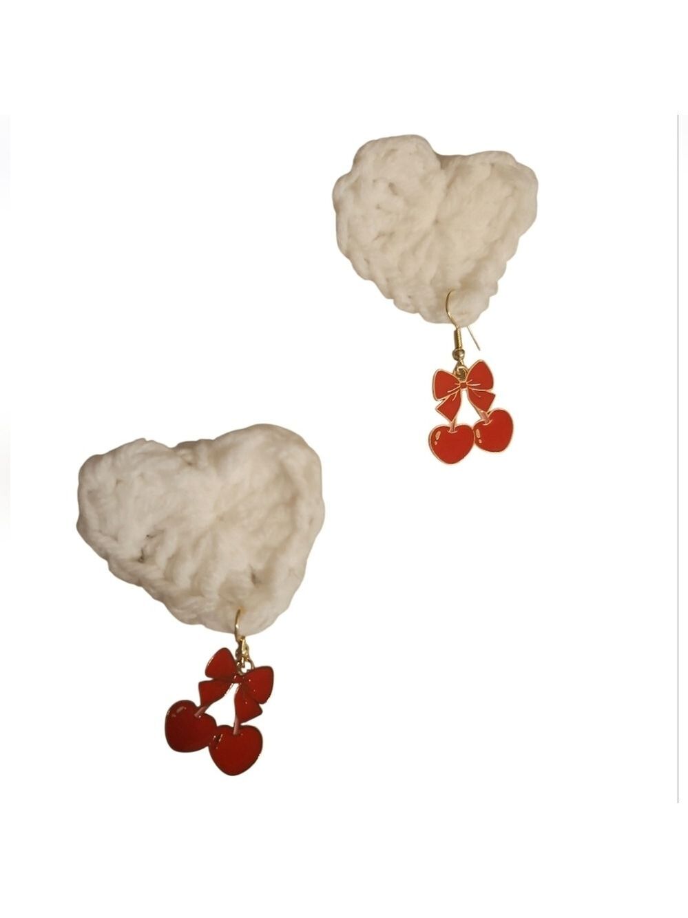 Handmade Artisan Elegant Red Cherry Earrings White Crochet Heart Red Bow - Picture 3 of 6